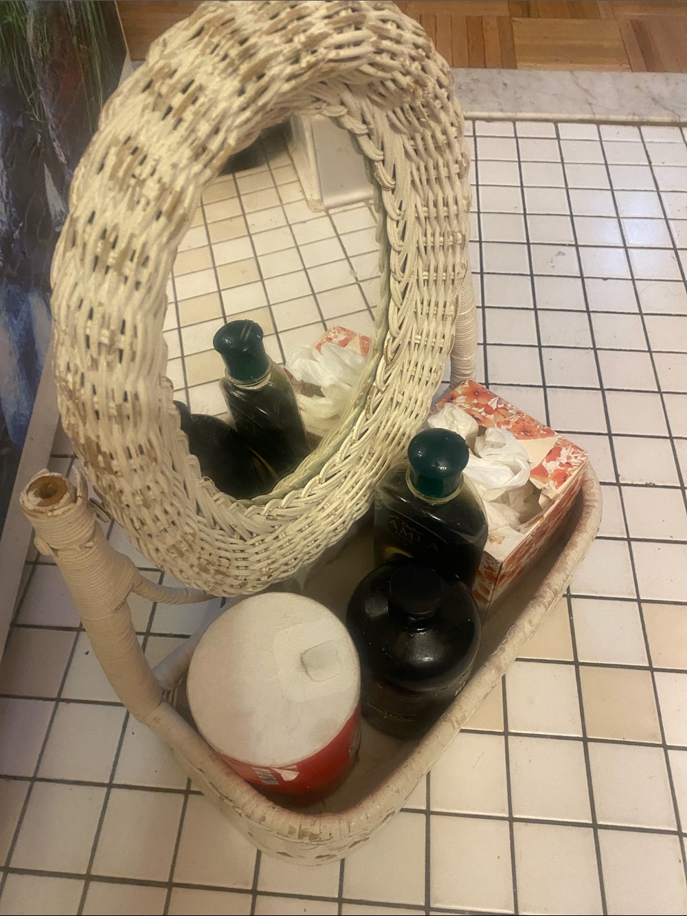 Vintage 1980s wicker vanity makeup mirror topper.